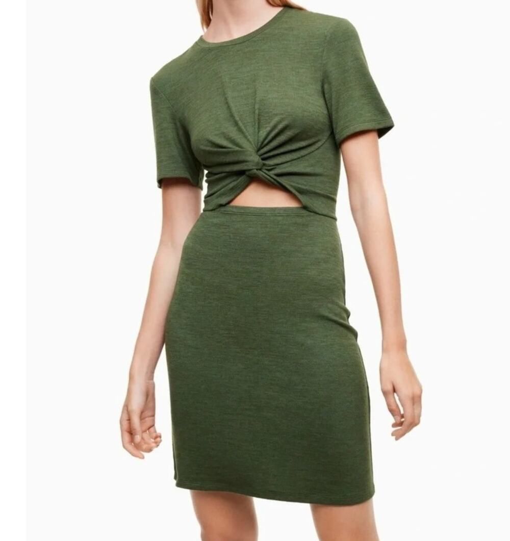 Aritzia Wilfred Free Katz Dress Green Twist Front Cut Out Bodycon Midi - Small